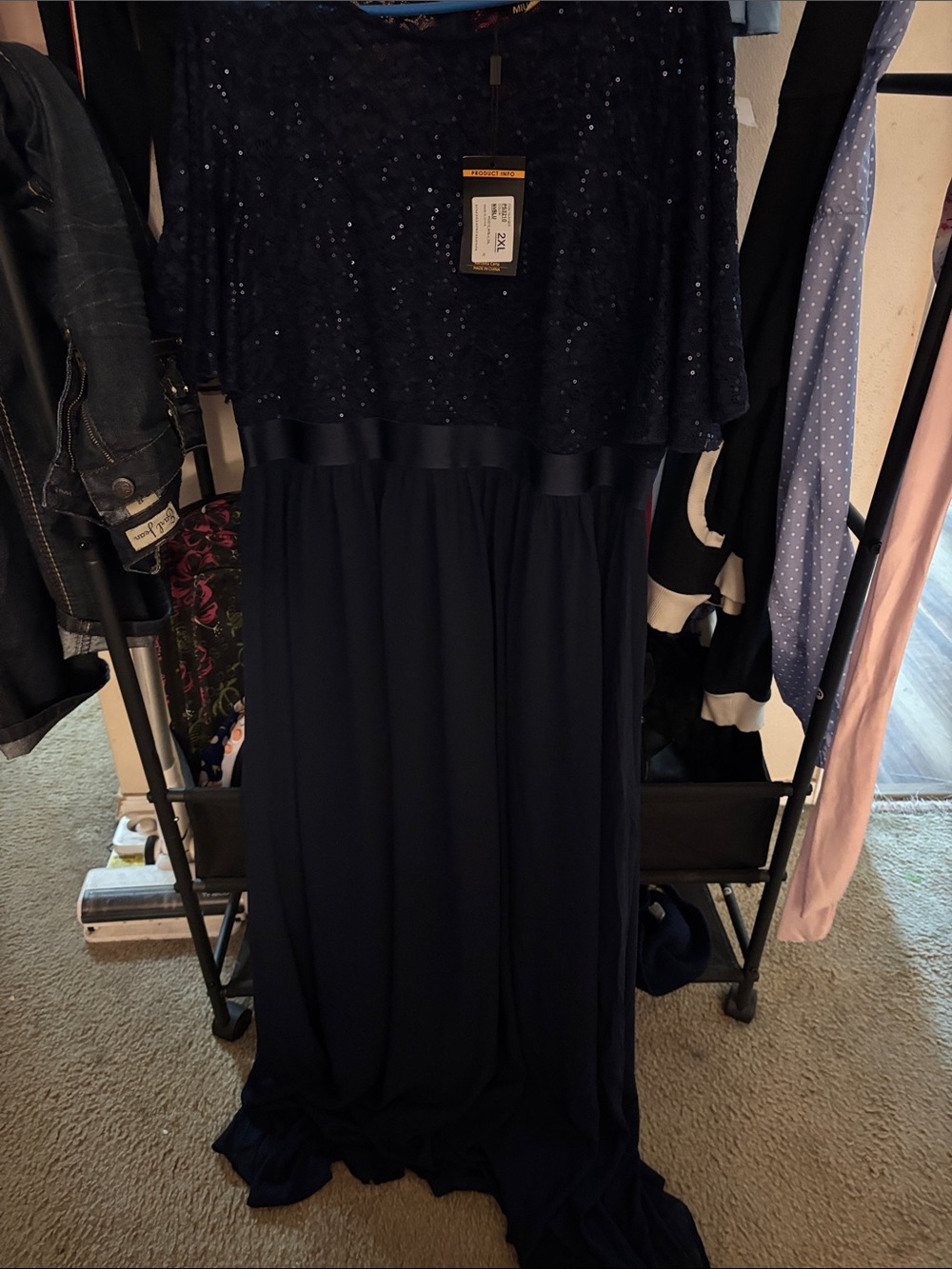Miusol Navy Blue Sequin Cape Evening Gown